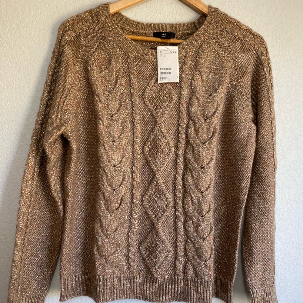 NWT H&M Crew Neck Gold Glitter Cable Knit Sweater, Size L